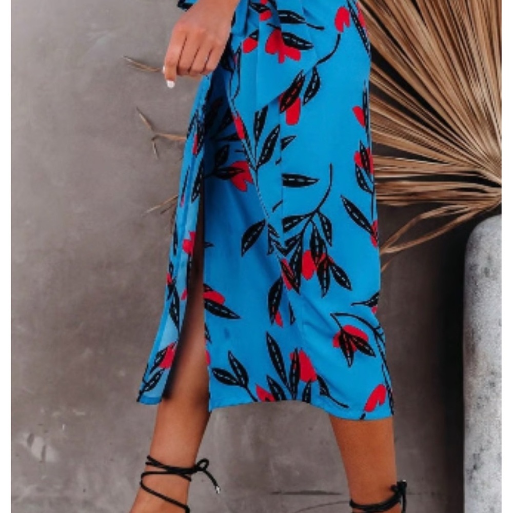 Vici Blue and Red Floral Midi wrap skirt